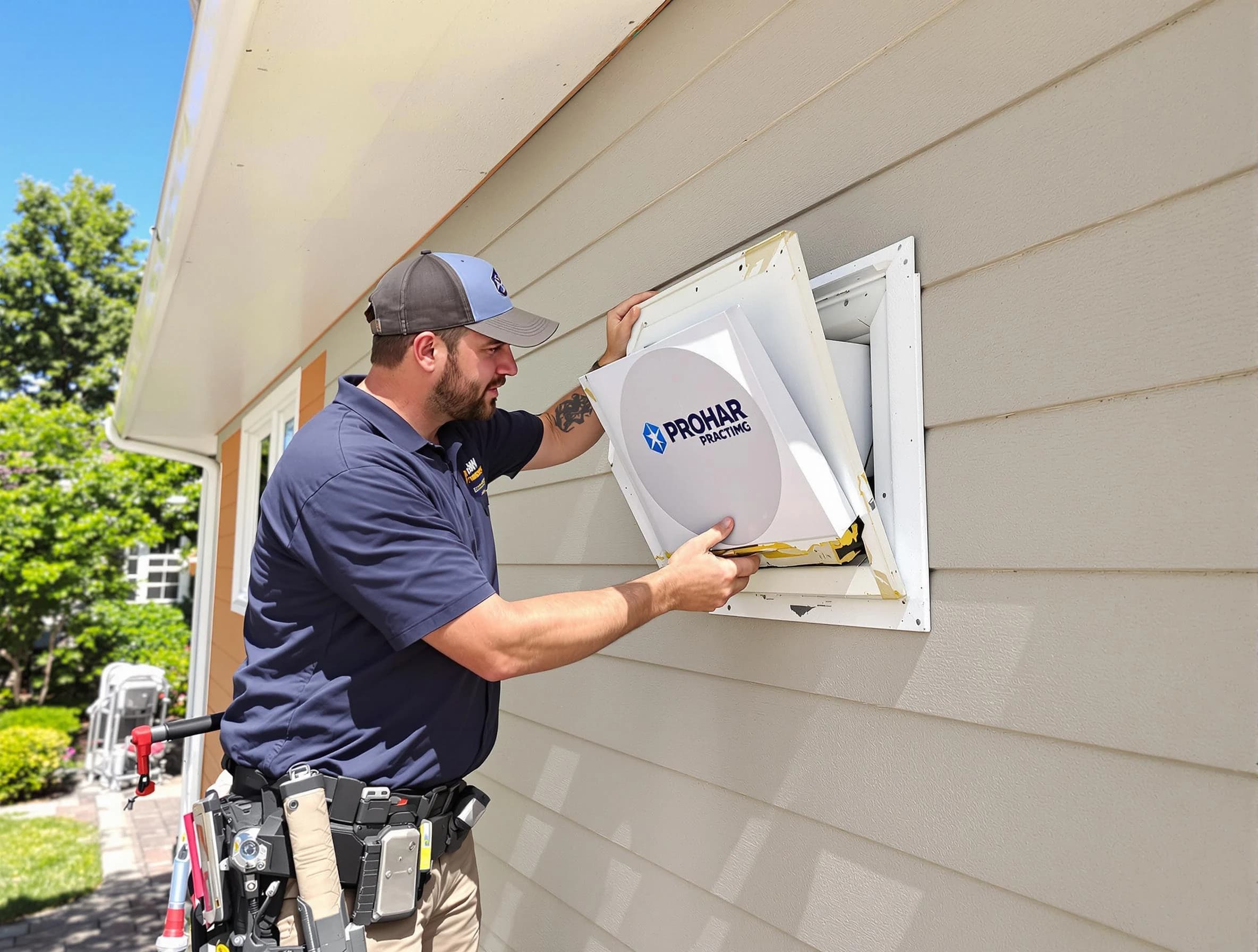 Beaver Falls Dryer Vent Cleaning technician installing a new protective dryer vent cover on a home in Beaver Falls