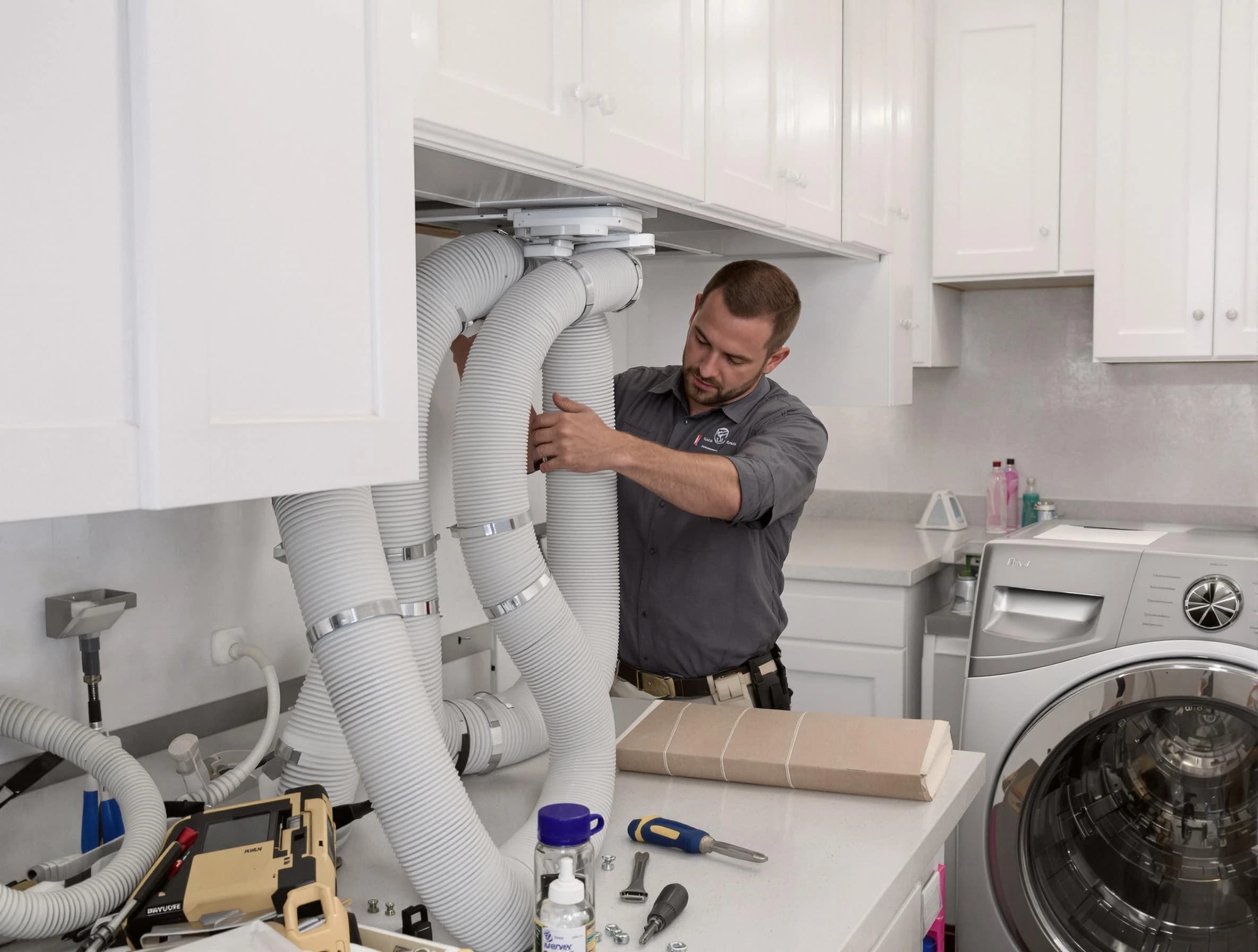 Beaver Falls Dryer Vent Cleaning technician installing a new professional-grade dryer vent hose in Beaver Falls