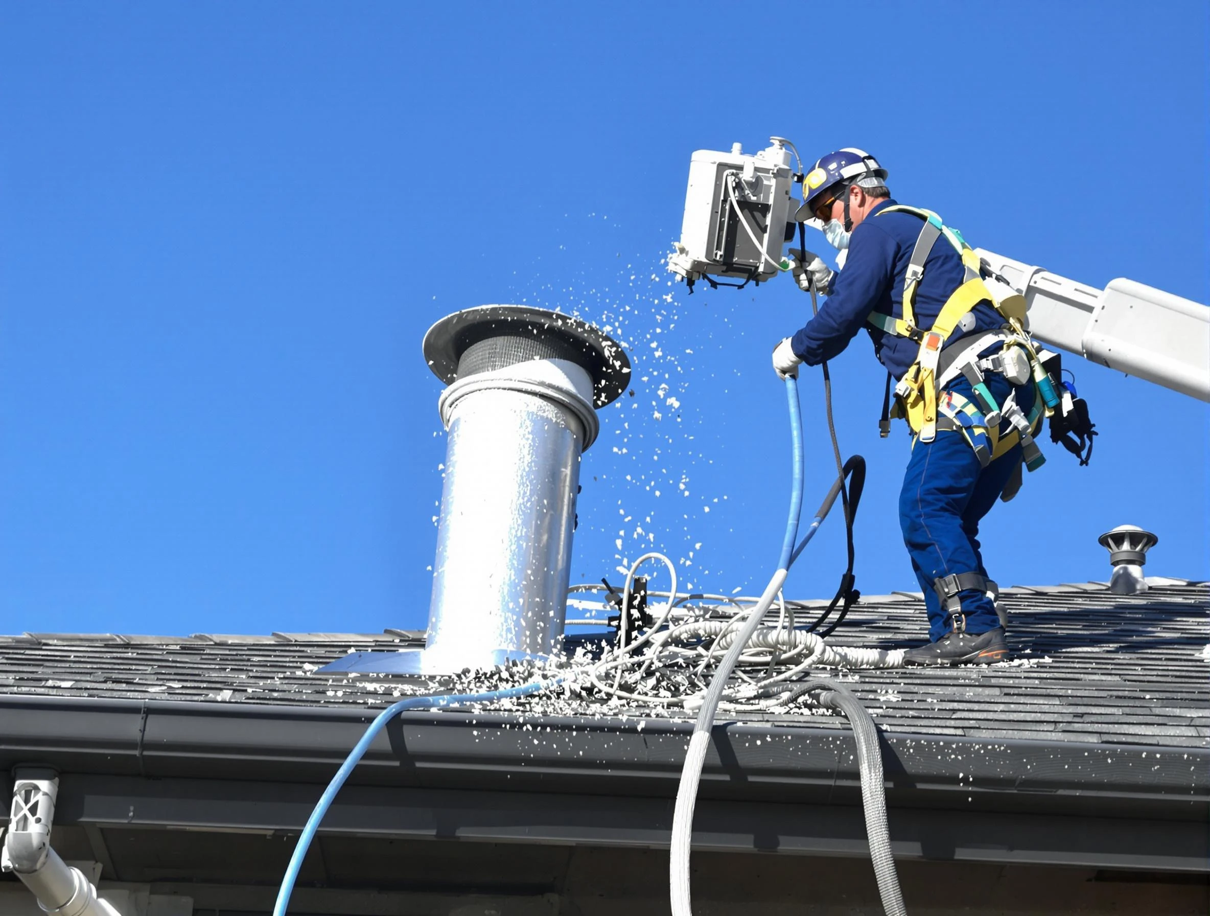 Beaver Falls Dryer Vent Cleaning certified technician safely cleaning a roof-mounted dryer vent in Beaver Falls